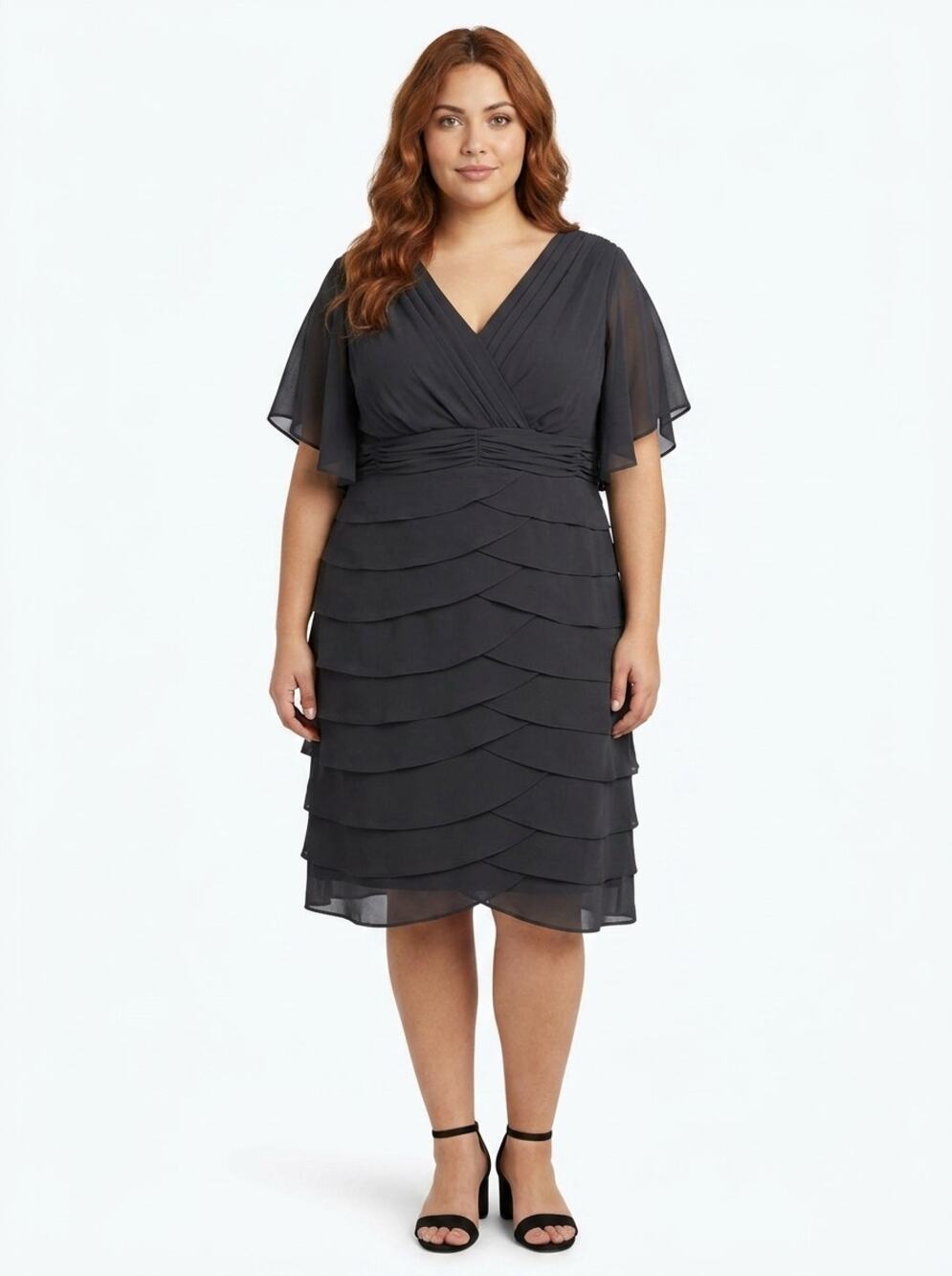 NWT Maggie Barnes Black Tiered Ruffle V-Neck Dress Women Plus Size 30W